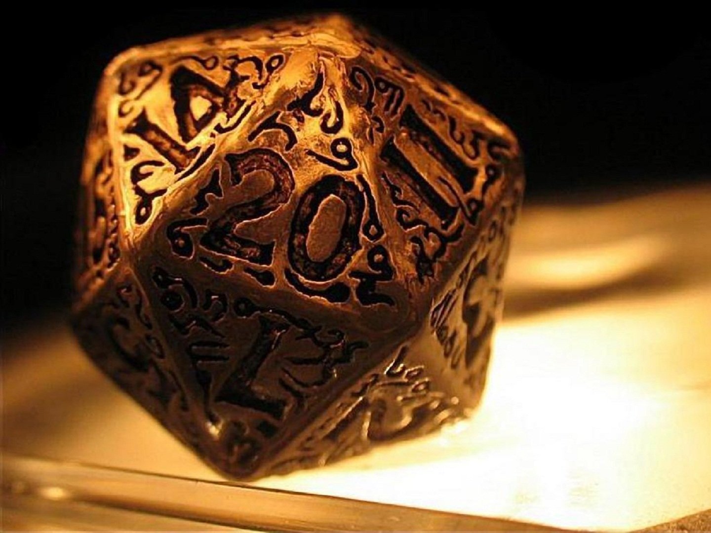 A close-up of a man-made D20 dice, featuring intricate engravings and a warm glow, showcasing its unique design and numbered facets.
