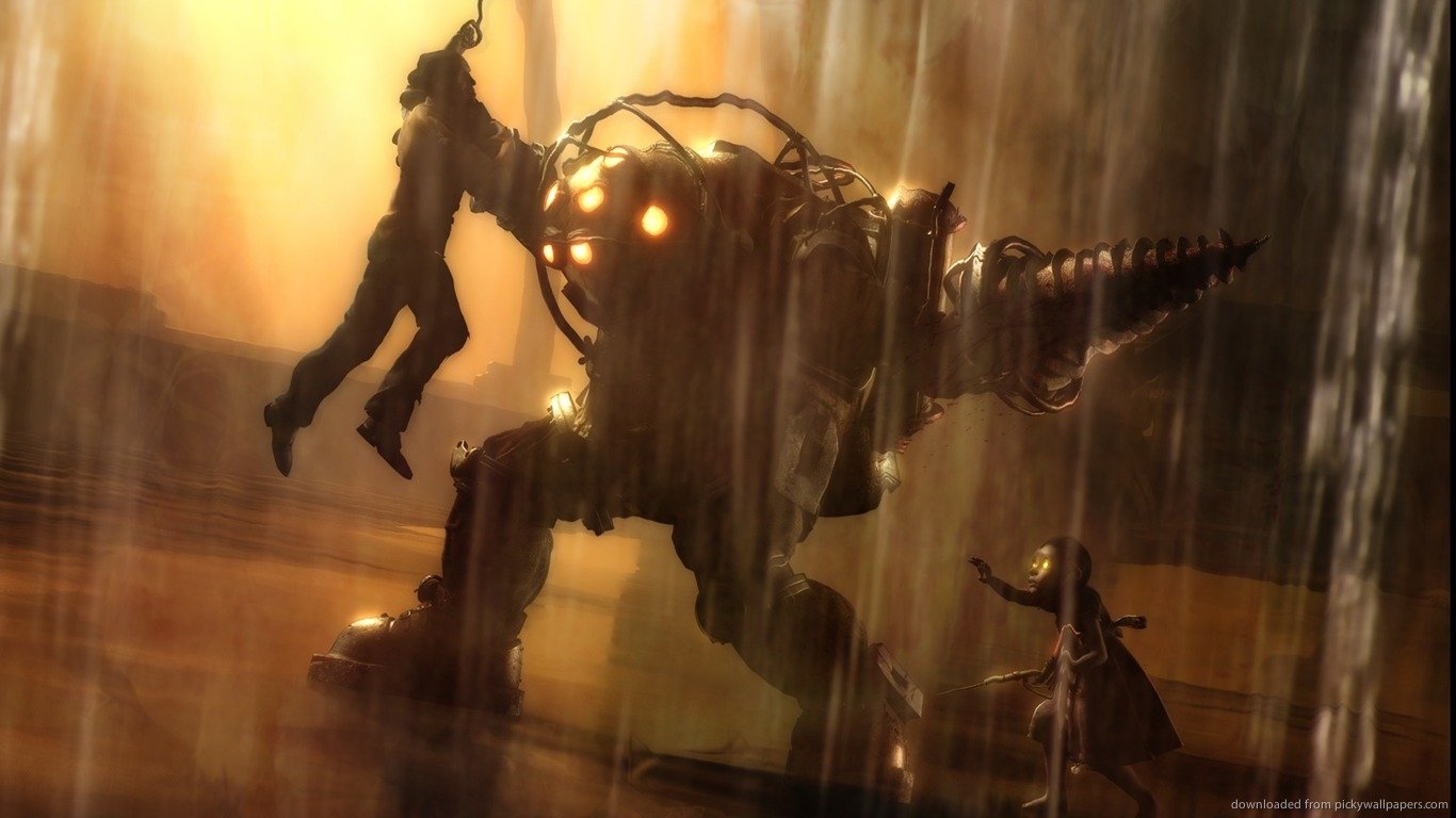 Bioshock video game scene: hulking armored Big Daddy lifts a Little Sister as sunlight filters through falling water and ruined underwater architecture.