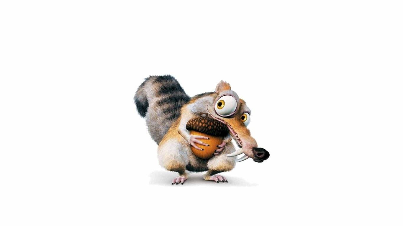 Scrat from the movie Ice Age is shown clutching an acorn with an expressive face, embodying his signature comedic antics and obsession in the animated film series.
