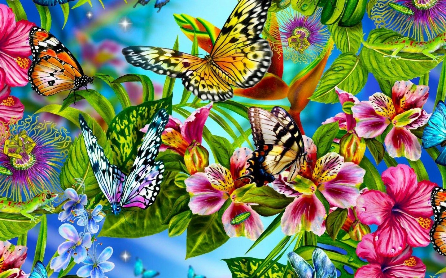 A vibrant scene featuring various colorful butterflies among lush flowers and greenery, showcasing the beauty of nature and its intricate animal life.
