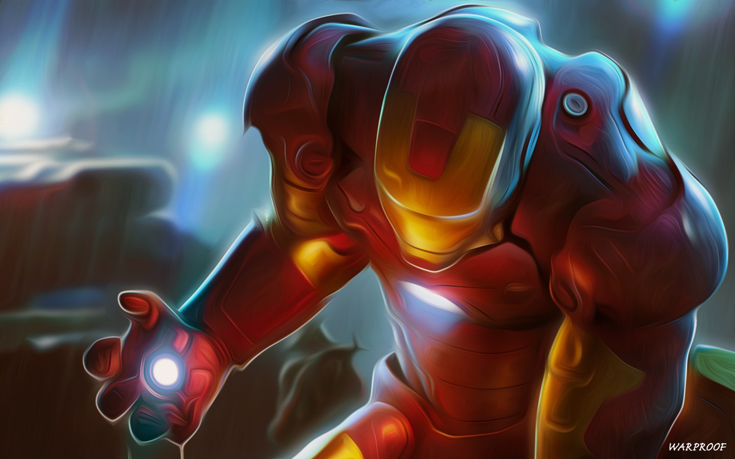 An oil painting of Iron Man, showcasing the iconic superhero in a dramatic pose with his glowing arc reactor, set against a moody, atmospheric backdrop.