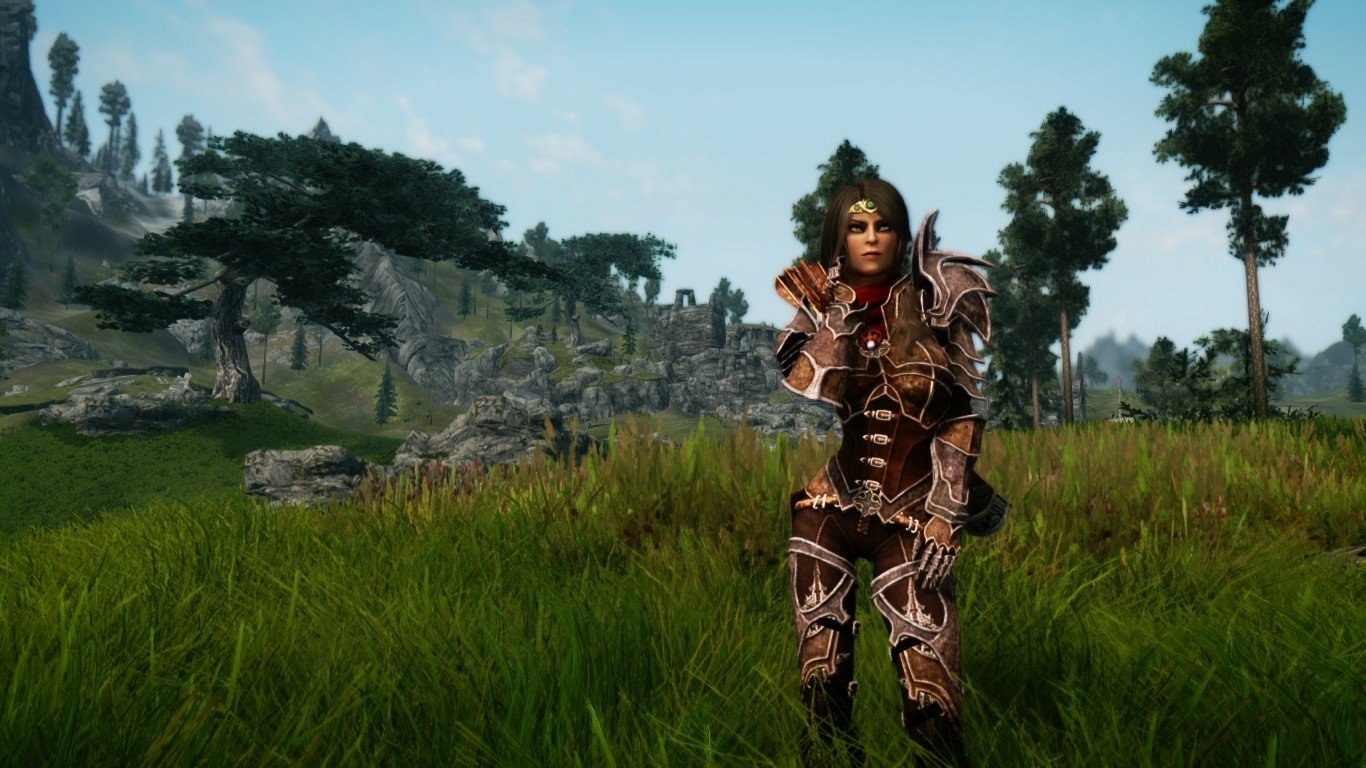The Elder Scrolls V: Skyrim video game screenshot: armored warrior in ornate Nordic armor stands in a grassy field with distant trees and ruins under a blue sky.