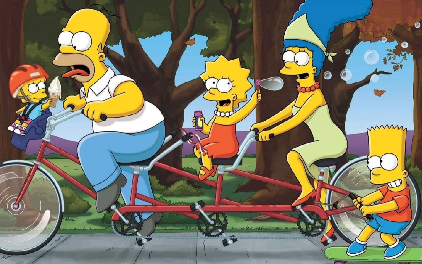 The Simpsons family—Homer, Marge, Bart, Lisa, and Maggie—enjoy a fun bike ride on a tandem bicycle, showcasing their signature humor and dynamic family bond.