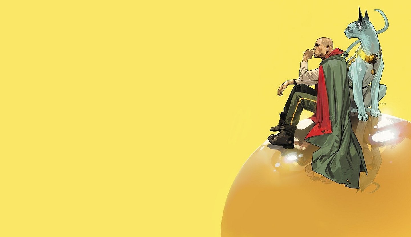 A character in a cape sits on a large, round object, deep in thought, accompanied by a blue dragon. A vibrant yellow background enhances the comic saga atmosphere.