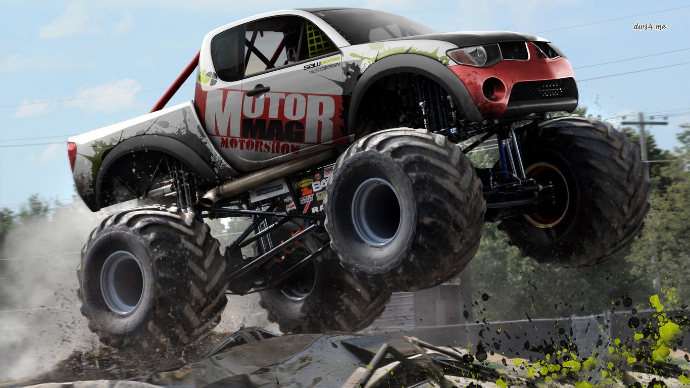 A powerful monster truck leaps into the air, showcasing its massive tires and striking design amidst a rugged backdrop, highlighting its performance in extreme terrains.