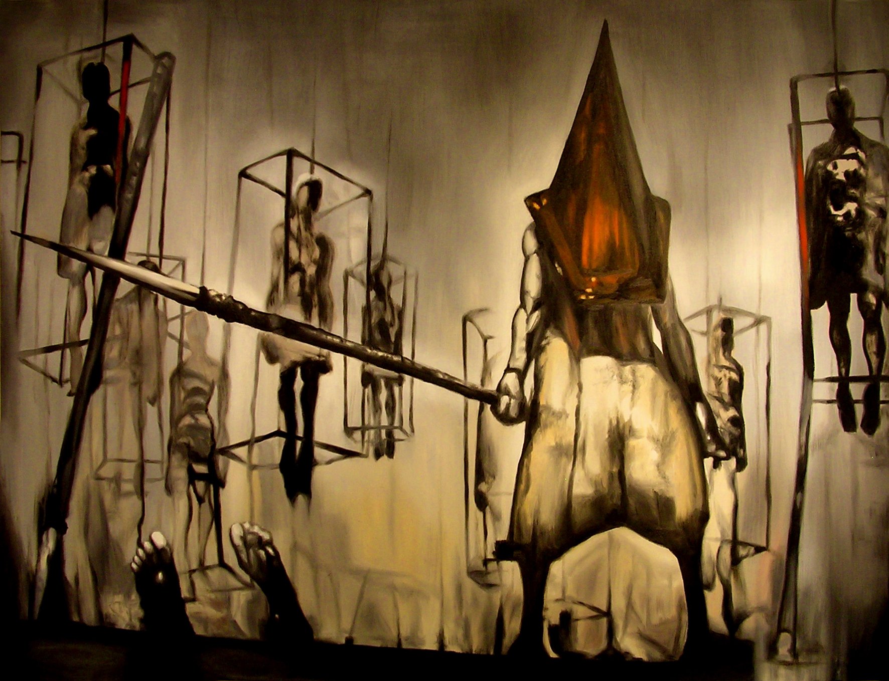 A haunting scene inspired by the video game Silent Hill, featuring a menacing figure in a triangular helmet, surrounded by eerie suspended figures in a dark, foggy environment.