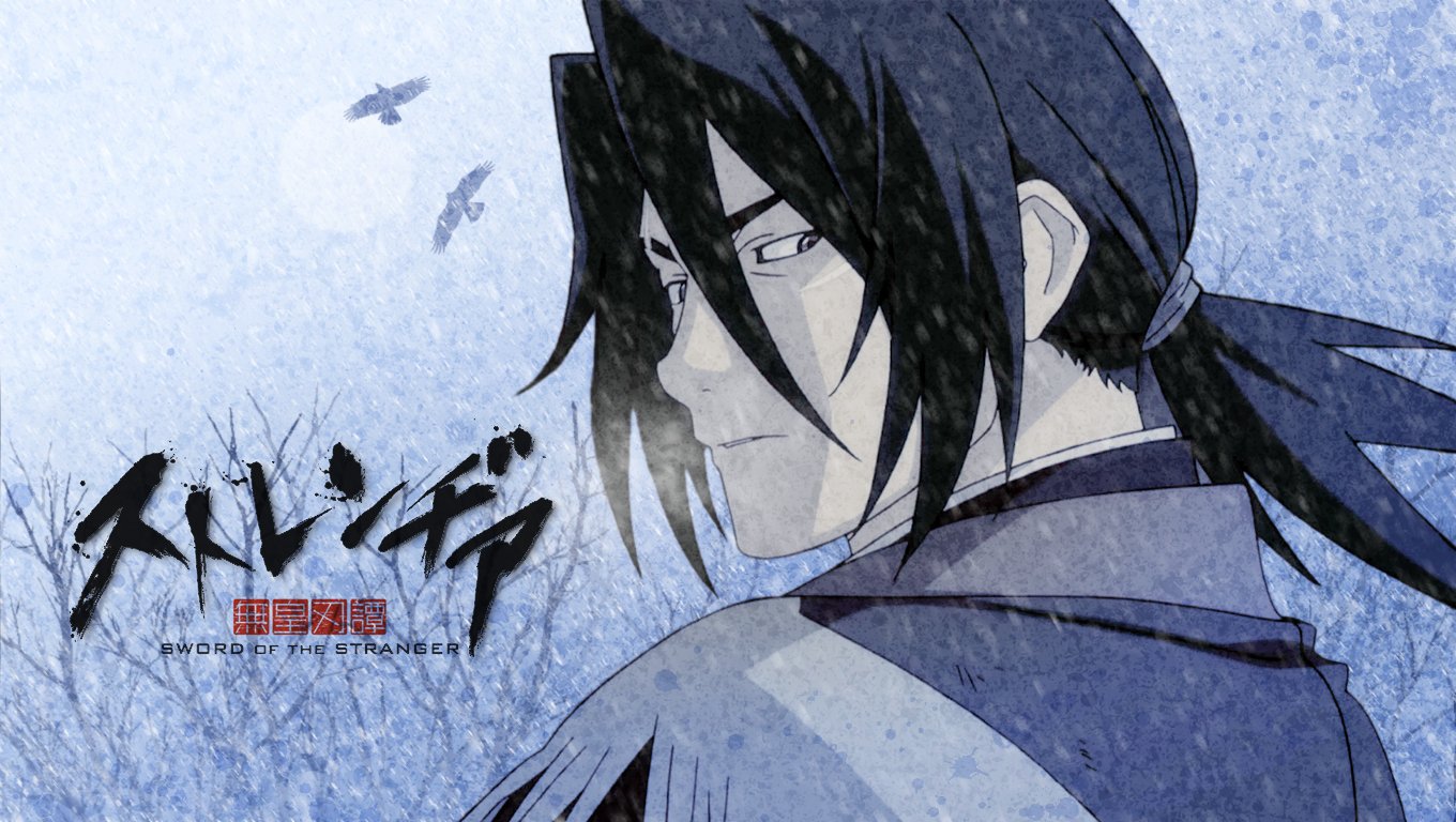Anime-style illustration from Sword of the Stranger featuring a determined character with a sword against a textured blue background.