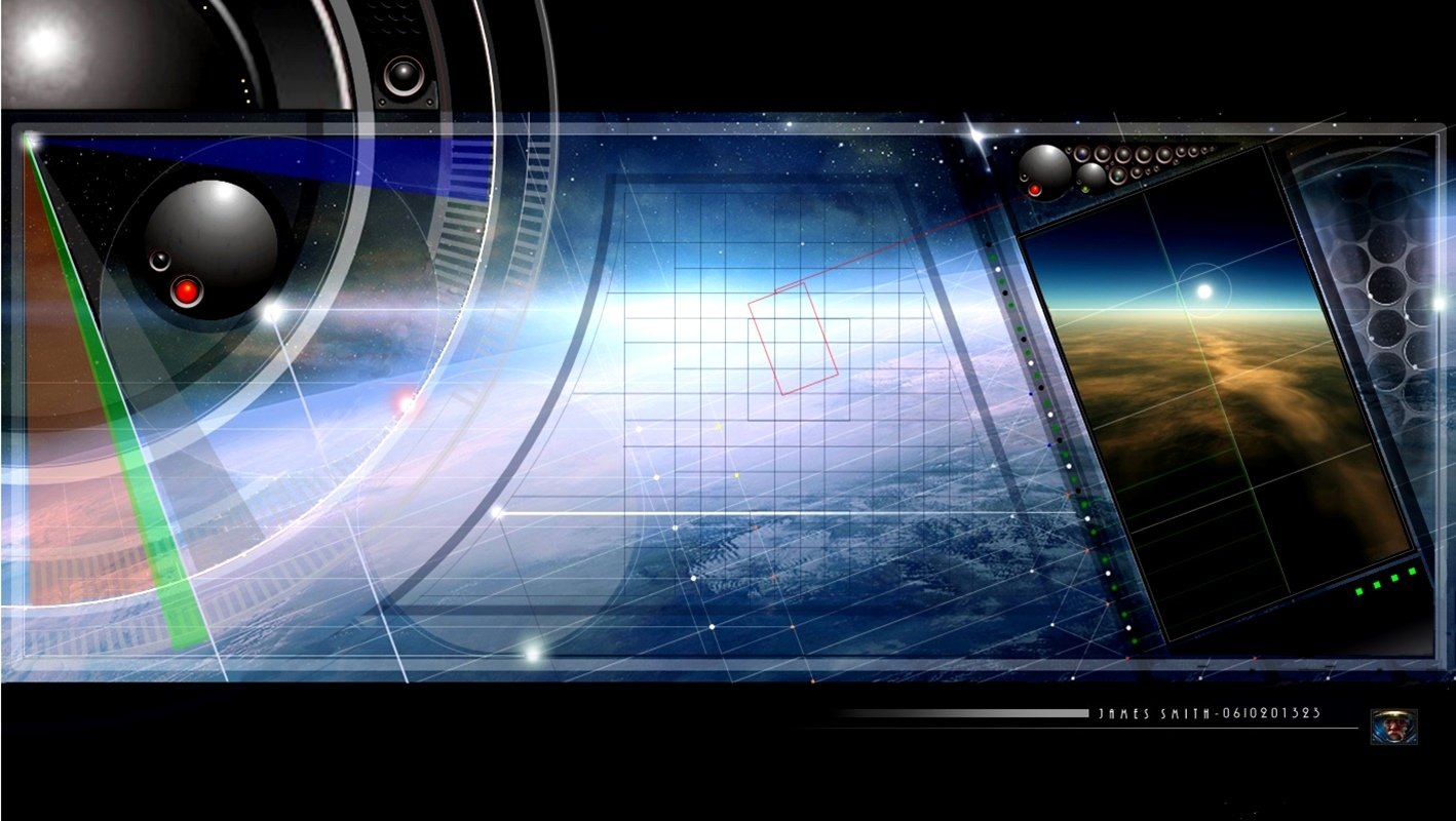 Artistic sci-fi interface panorama: holographic HUD over a planetary horizon, grid overlays, circular lenses and translucent panels set against a starfield.