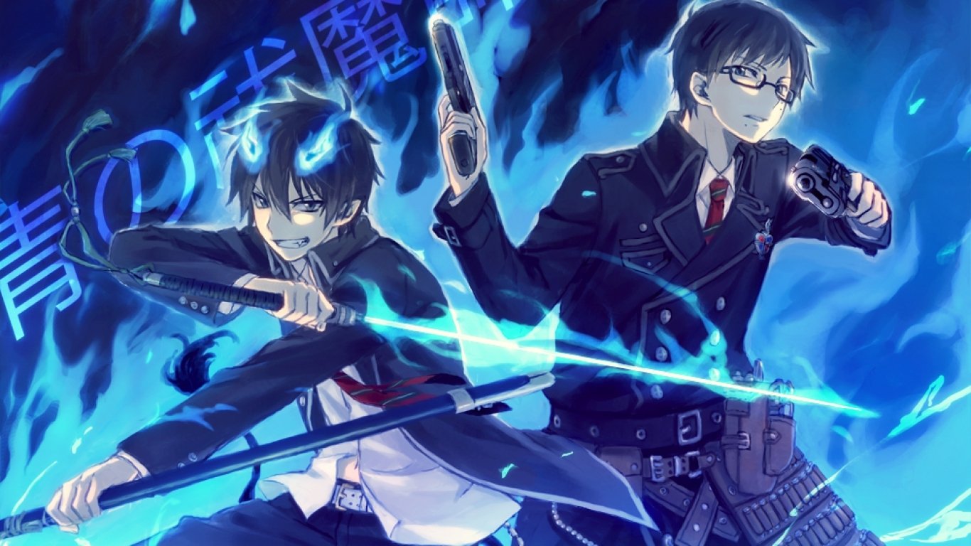 Yukio and Rin Okumura from Blue Exorcist stand back-to-back, wielding weapons amid blue flames, showcasing their roles in the anime Ao No Exorcist.