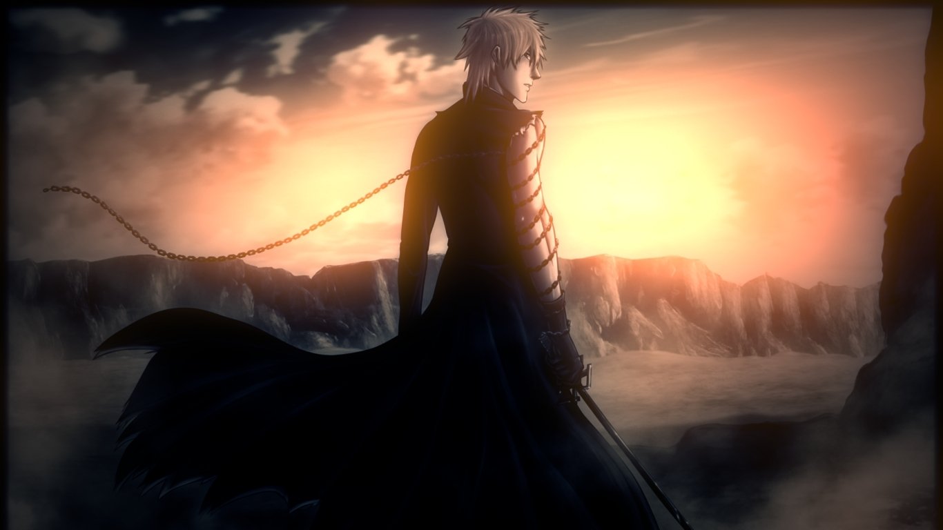 Ichigo Kurosaki stands dramatically with a sword against a breathtaking sunset backdrop, showcasing the iconic style of Bleach anime.