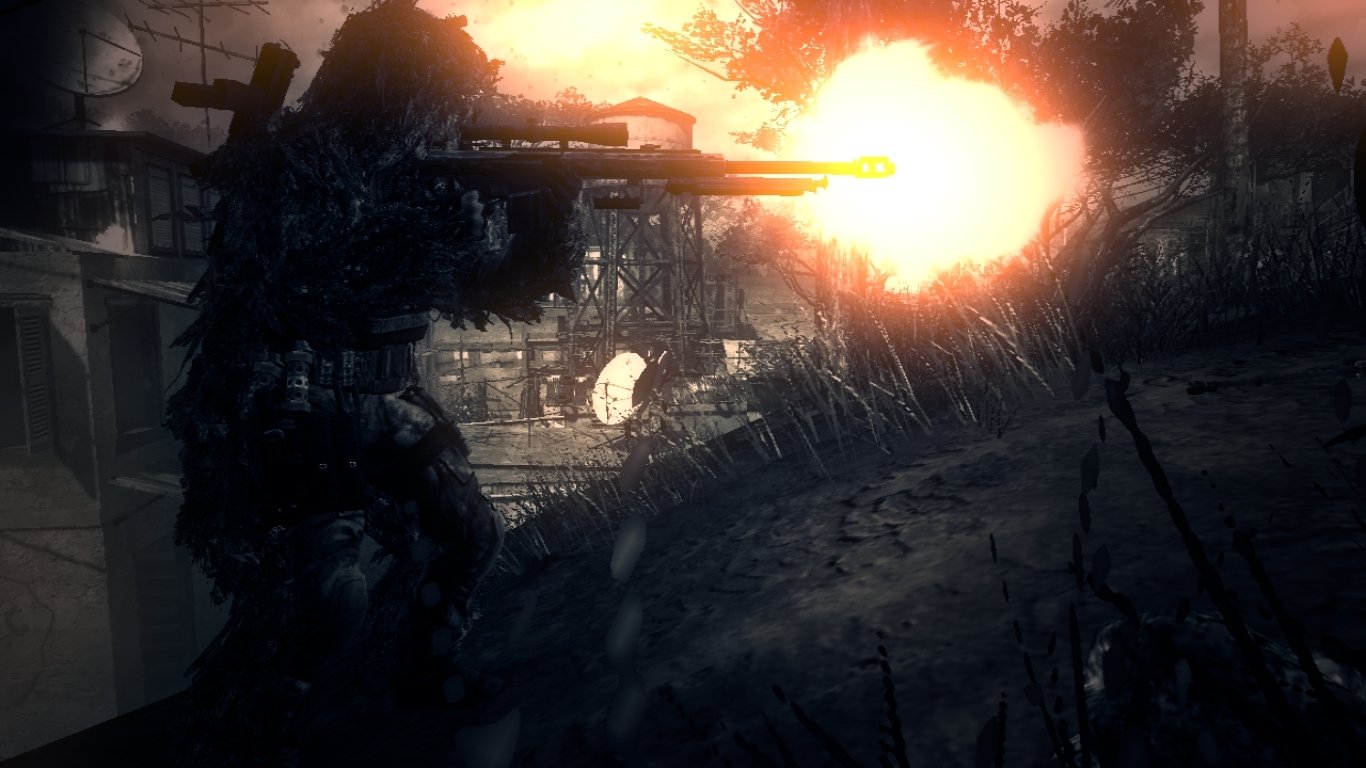 A sniper in camouflage takes aim in a tense moment from Call of Duty: Modern Warfare 3, showcasing intense action and strategic gameplay.