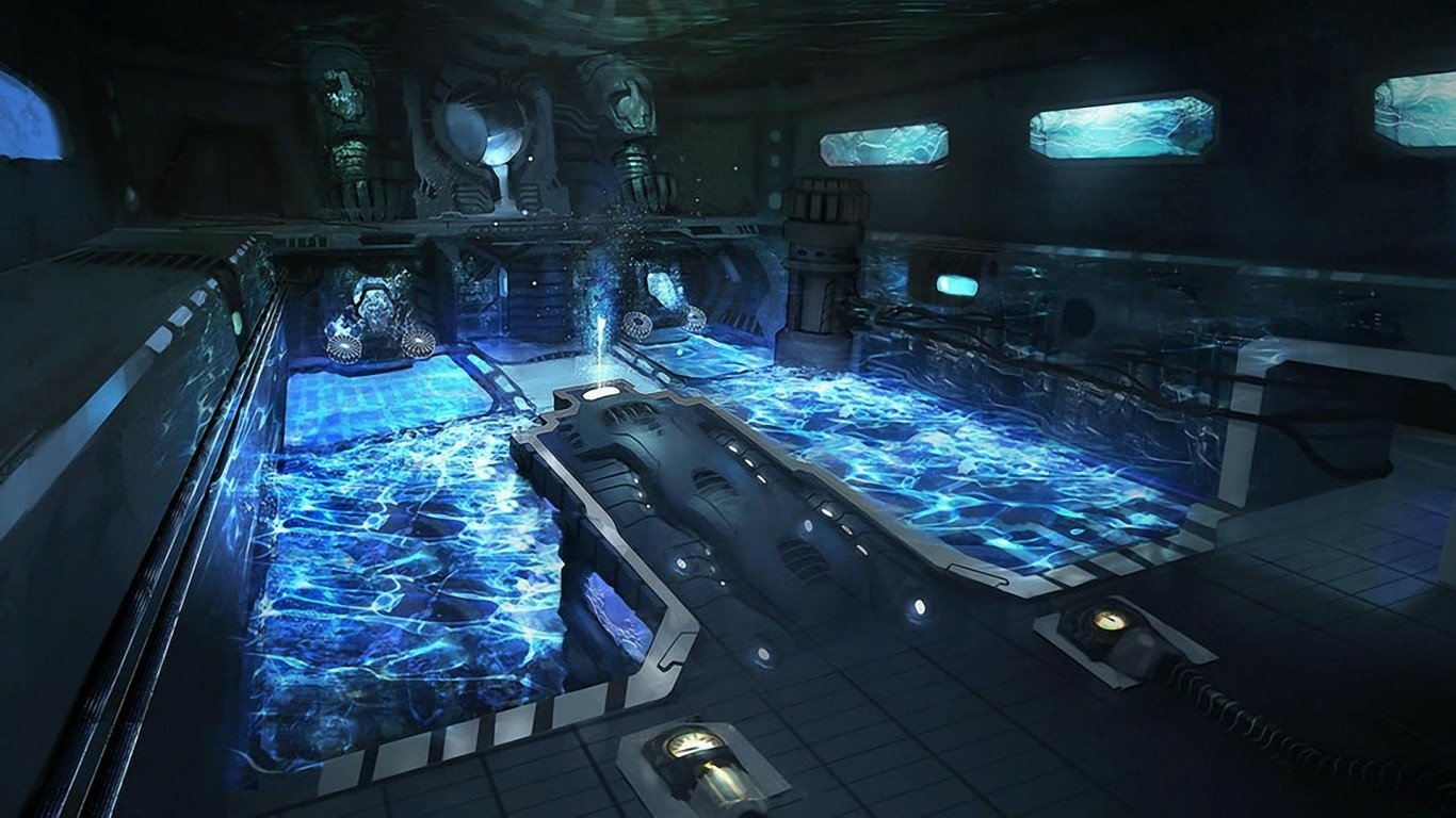 Artistic sci-fi interior of a submarine featuring glowing blue water pools and futuristic control panels.