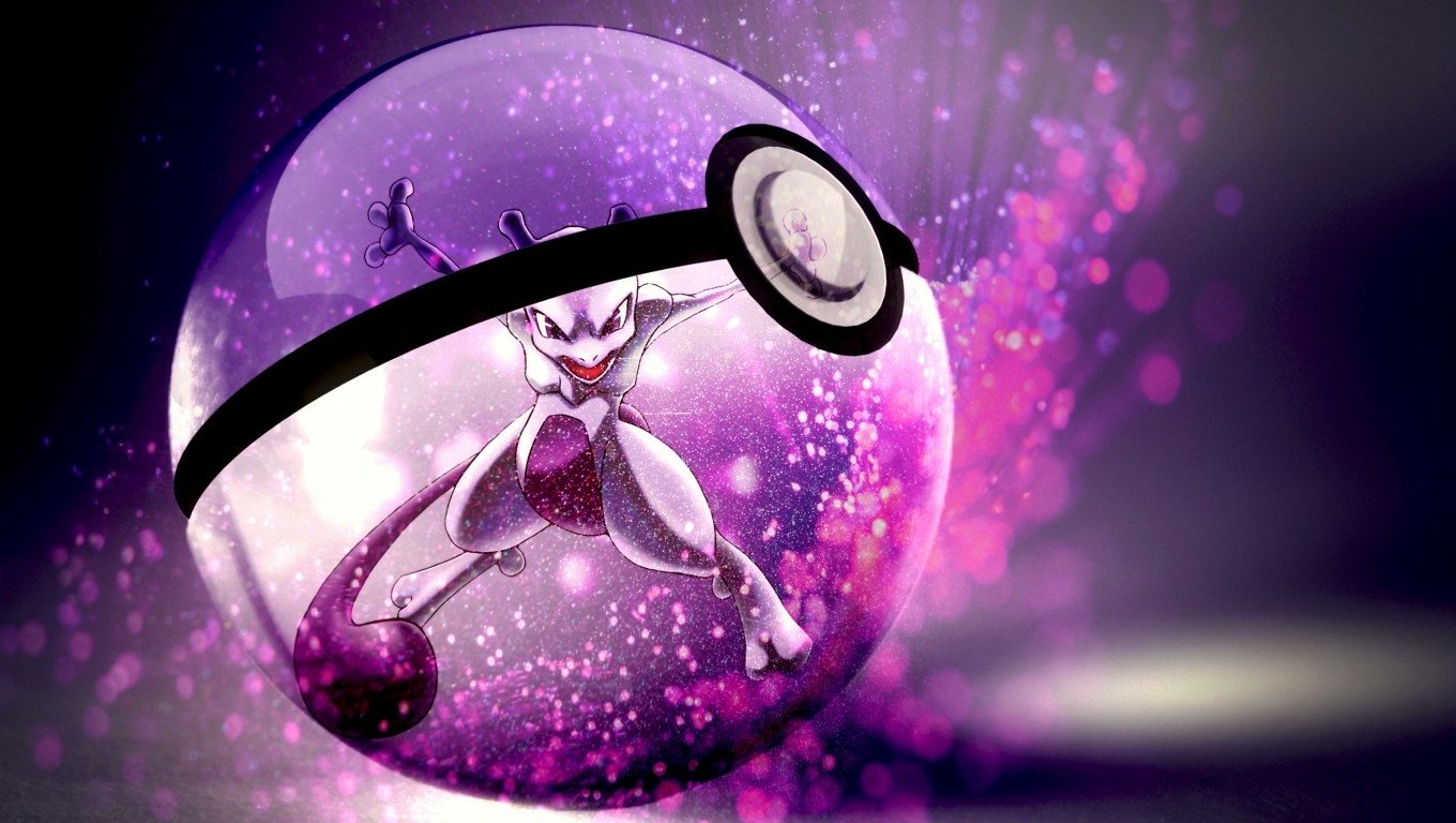Mewtwo from Pokémon is captured inside a sparkling Poké Ball, showcasing vibrant purple hues and dynamic energy, representing its iconic status in the video game franchise.