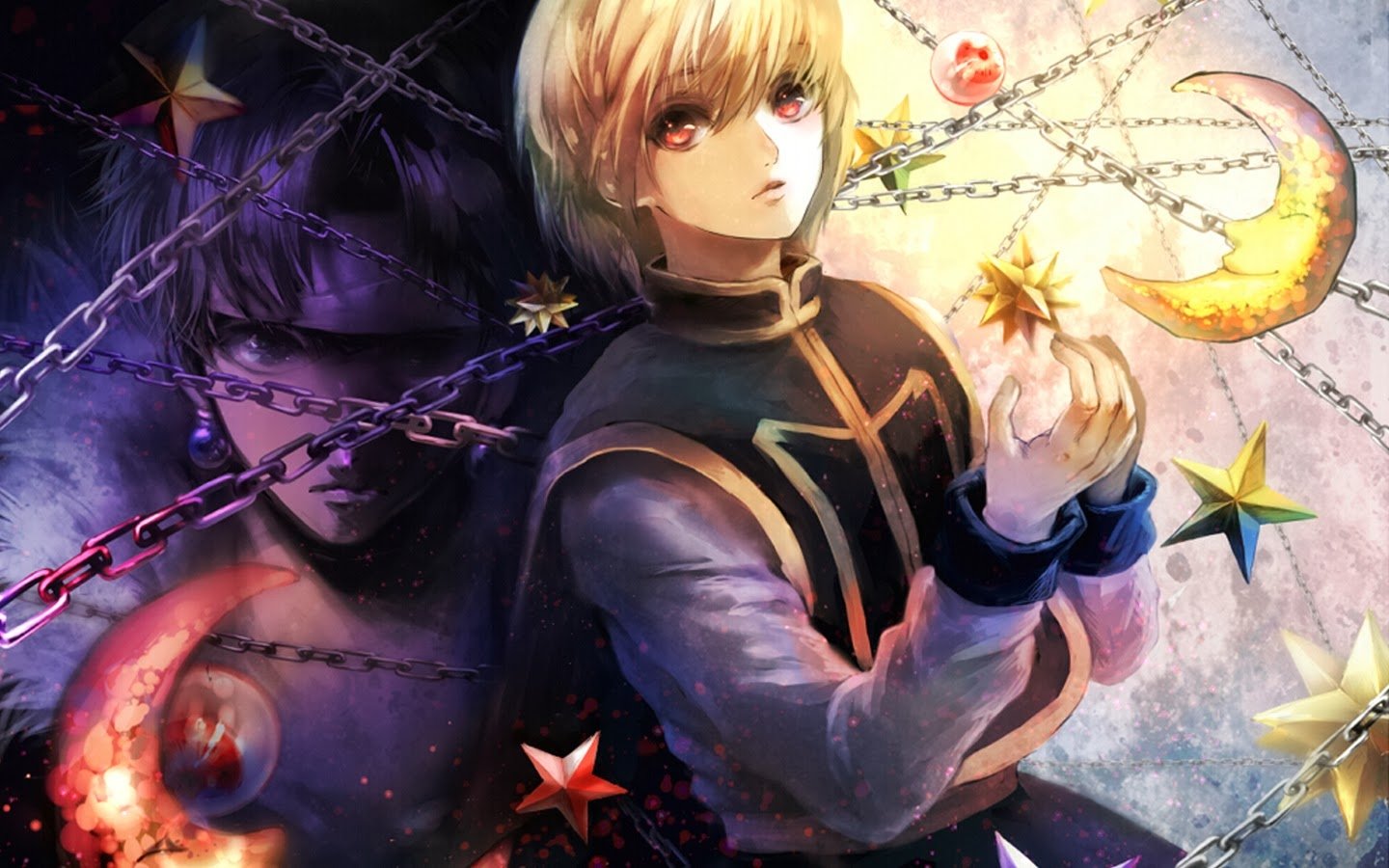 An artistic depiction of Kurapika from Hunter × Hunter, featuring Chrollo Lucilfer in the background. The image showcases vibrant colors, chains, and celestial elements.