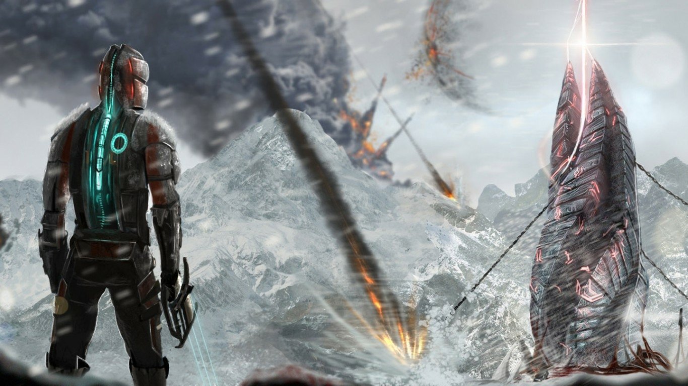 A character stands against a dramatic snowy landscape in Dead Space 3, with futuristic structures and ominous skies, capturing the game's tense atmosphere and sci-fi elements.