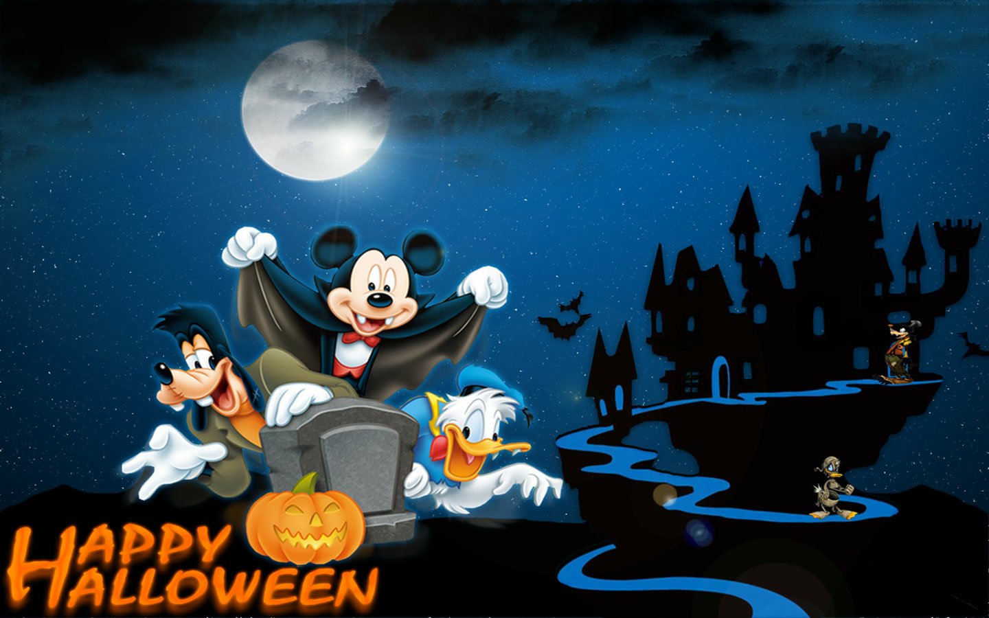 A festive Halloween scene featuring Disney characters Mickey Mouse, Goofy, and Donald Duck in a spooky setting, adorned with a pumpkin and a haunted castle under a full moon.
