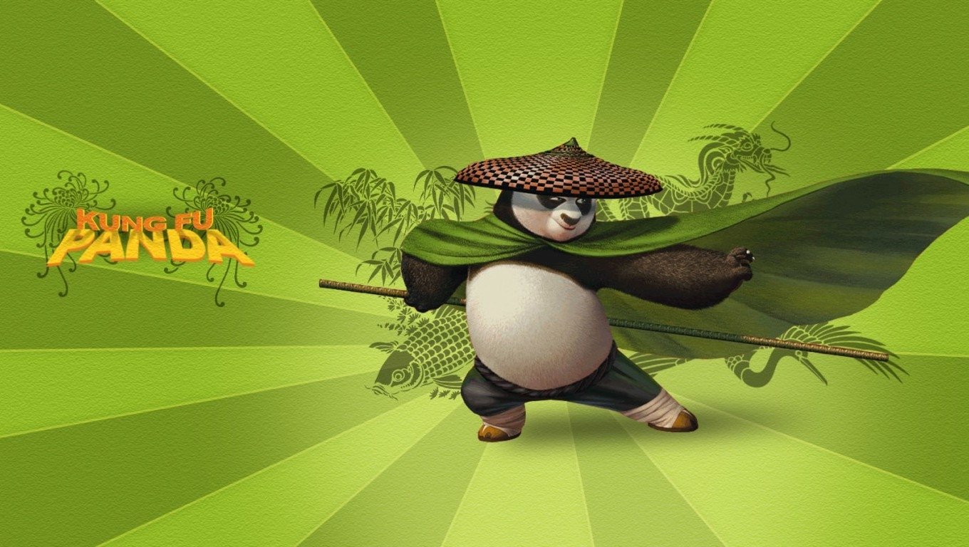 Po from Kung Fu Panda strikes a dynamic pose, wearing a straw hat and a green cape, against a vibrant green background, embodying the spirit of the beloved animated movie.