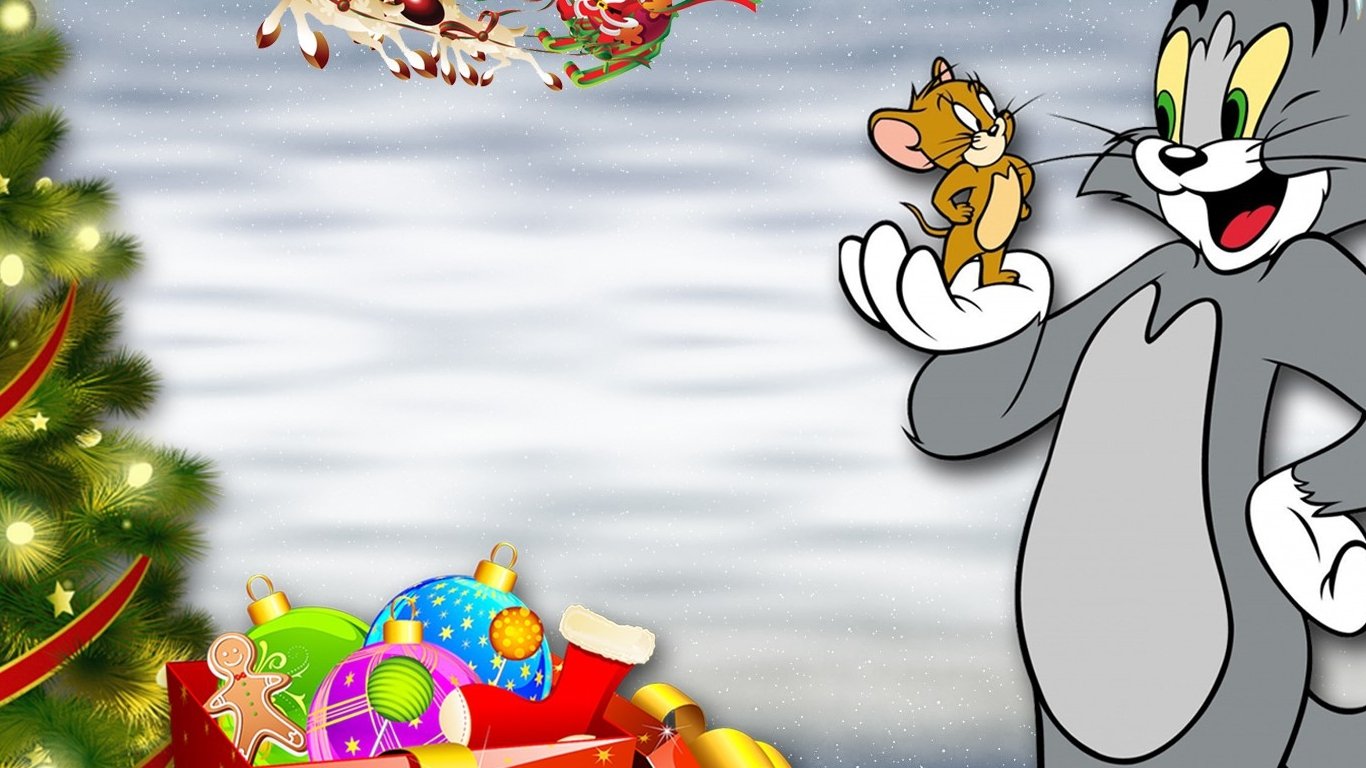 Tom and Jerry celebrate the holidays, featuring a smiling Tom holding a cheerful Jerry amidst festive decorations and presents in front of a Christmas tree.