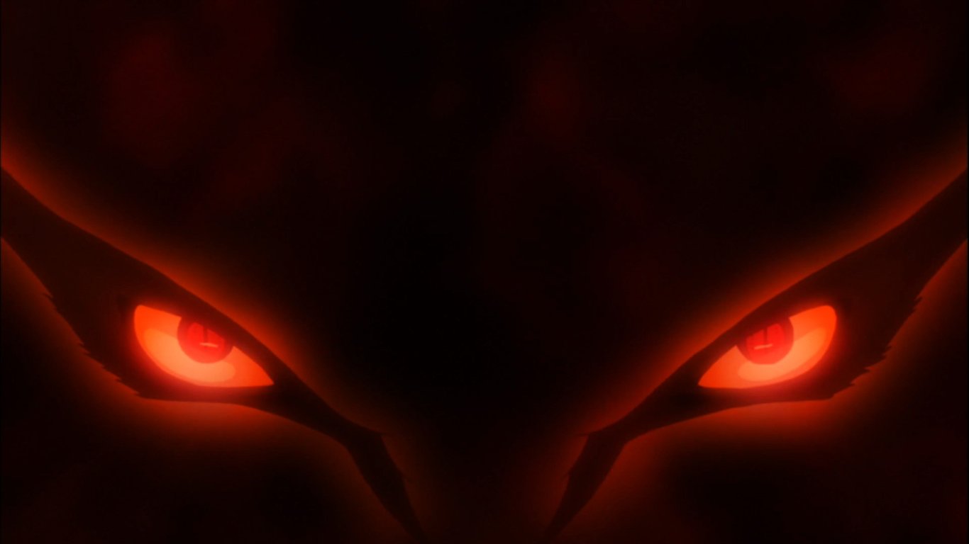 Red eyes glow ominously in the darkness, representing Kurama, the Nine-Tails from the anime Naruto, capturing the essence of its powerful and mysterious presence.