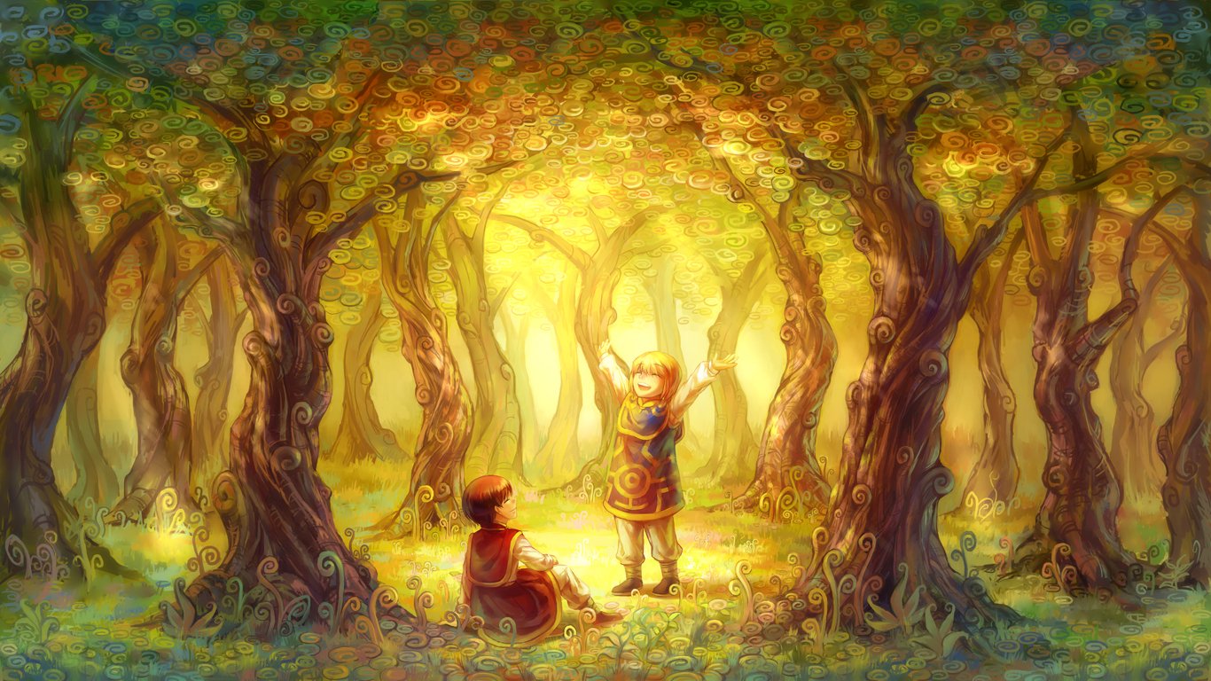A vibrant, enchanting forest scene from the anime Hunter x Hunter, featuring two characters bathed in warm light, surrounded by colorful foliage and mystical trees.