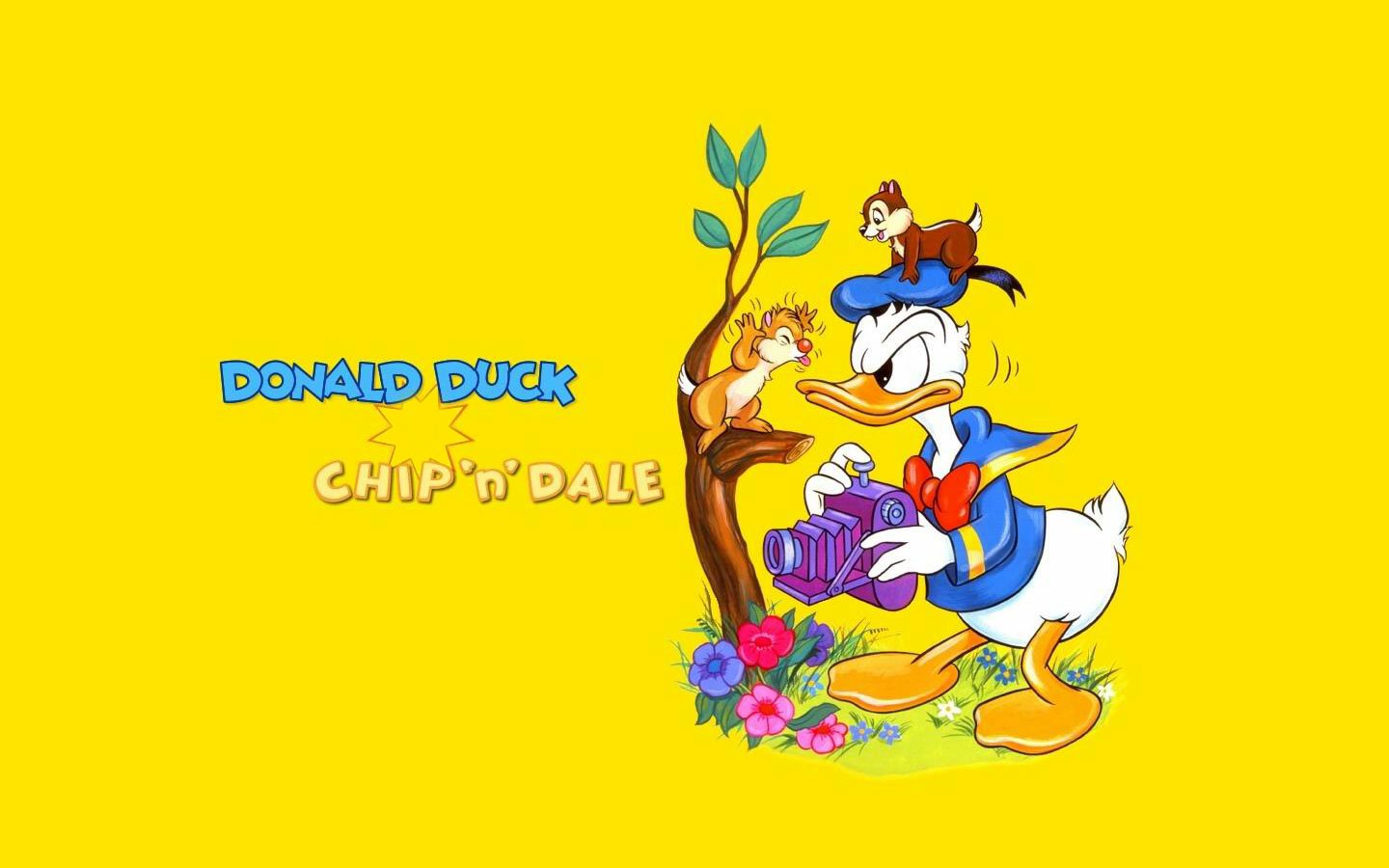 Colorful illustration of Donald Duck with Chip 'n' Dale, featuring Donald preparing a gift, set against a bright yellow background, showcasing classic Disney movie characters.