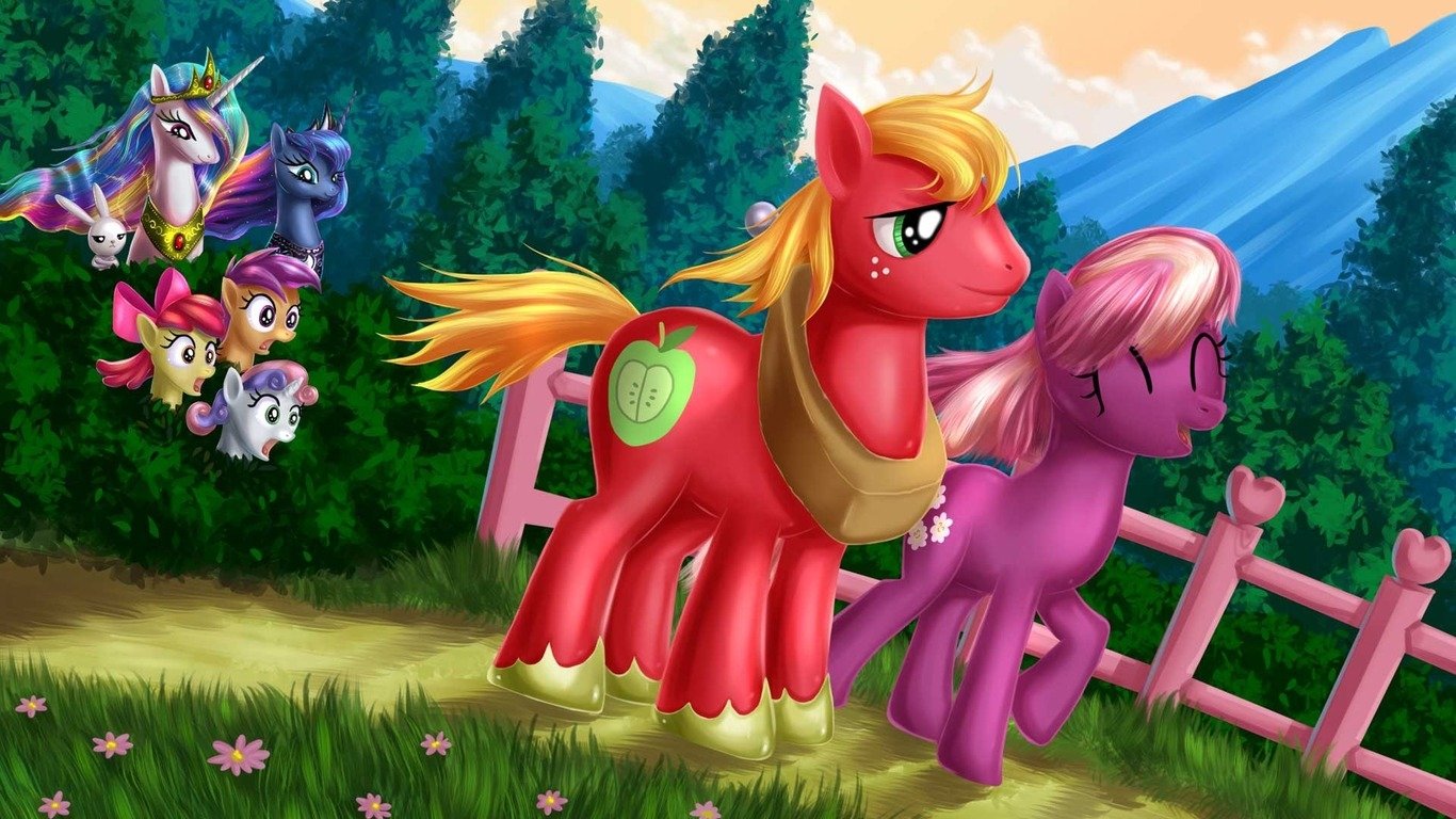 Big Macintosh walks alongside Cheerilee, while Princess Luna and Princess Celestia watch over Sweetie Belle, Scootaloo, and Apple Bloom in a vibrant landscape from *My Little Pony: Friendship Is Magic*.