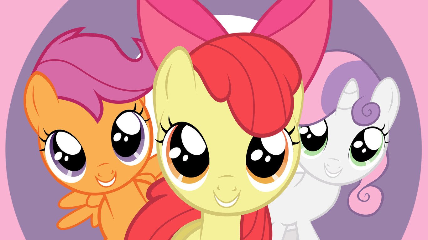 Three cute ponies from *My Little Pony: Friendship Is Magic* stand together in a vibrant vector style: Sweetie Belle, Scootaloo, and Apple Bloom, each showcasing their unique personalities.