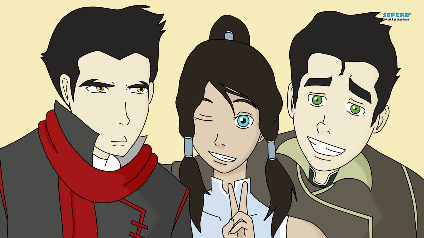 Three characters from Avatar: The Legend of Korra anime style, with one winking and flashing a peace sign between two others wearing scarves.