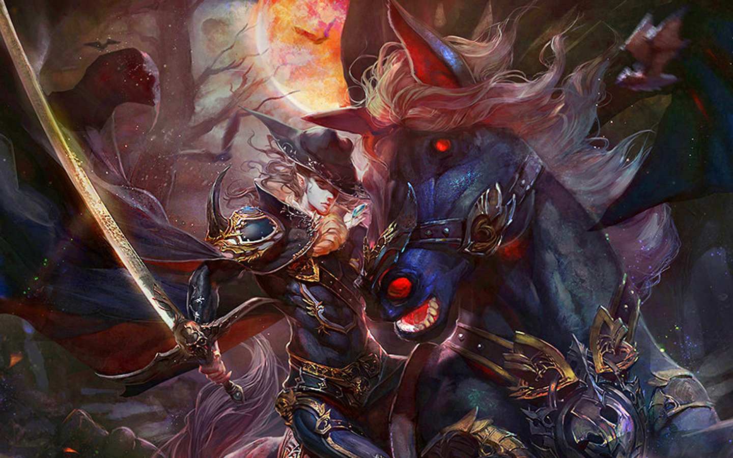 An epic scene from Vampire Hunter D, featuring a heroic figure wielding a sword alongside a fierce, red-eyed horse, set against a dark, moonlit landscape.
