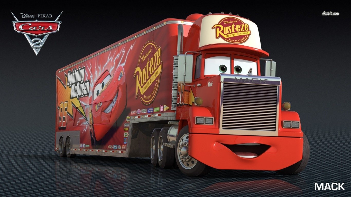 Mack, the red truck character from the movie Cars 2, featuring Rust-eze branding on his trailer against a dark background.