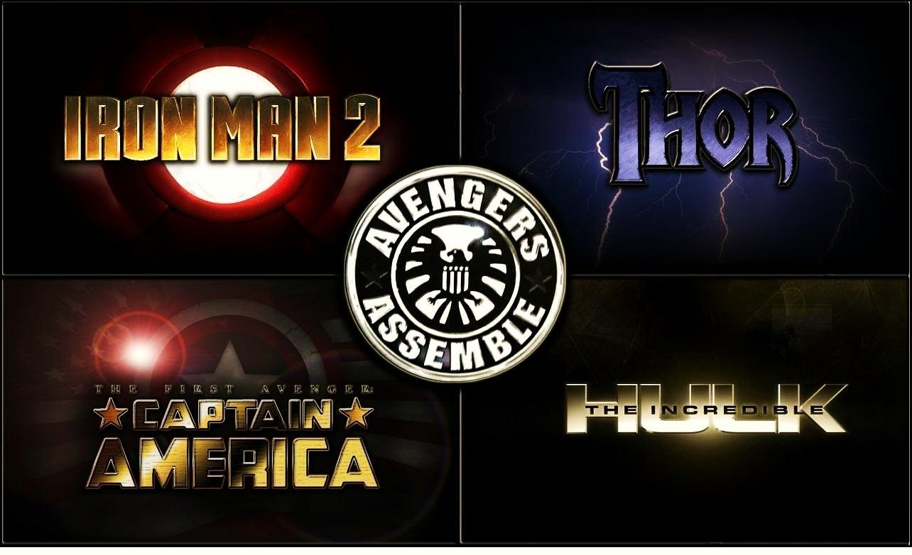 Collage featuring logos from iconic Marvel movies: Iron Man 2, Thor, Captain America, and Hulk, with the Avengers Assemble logo at the center, celebrating superhero teamwork.