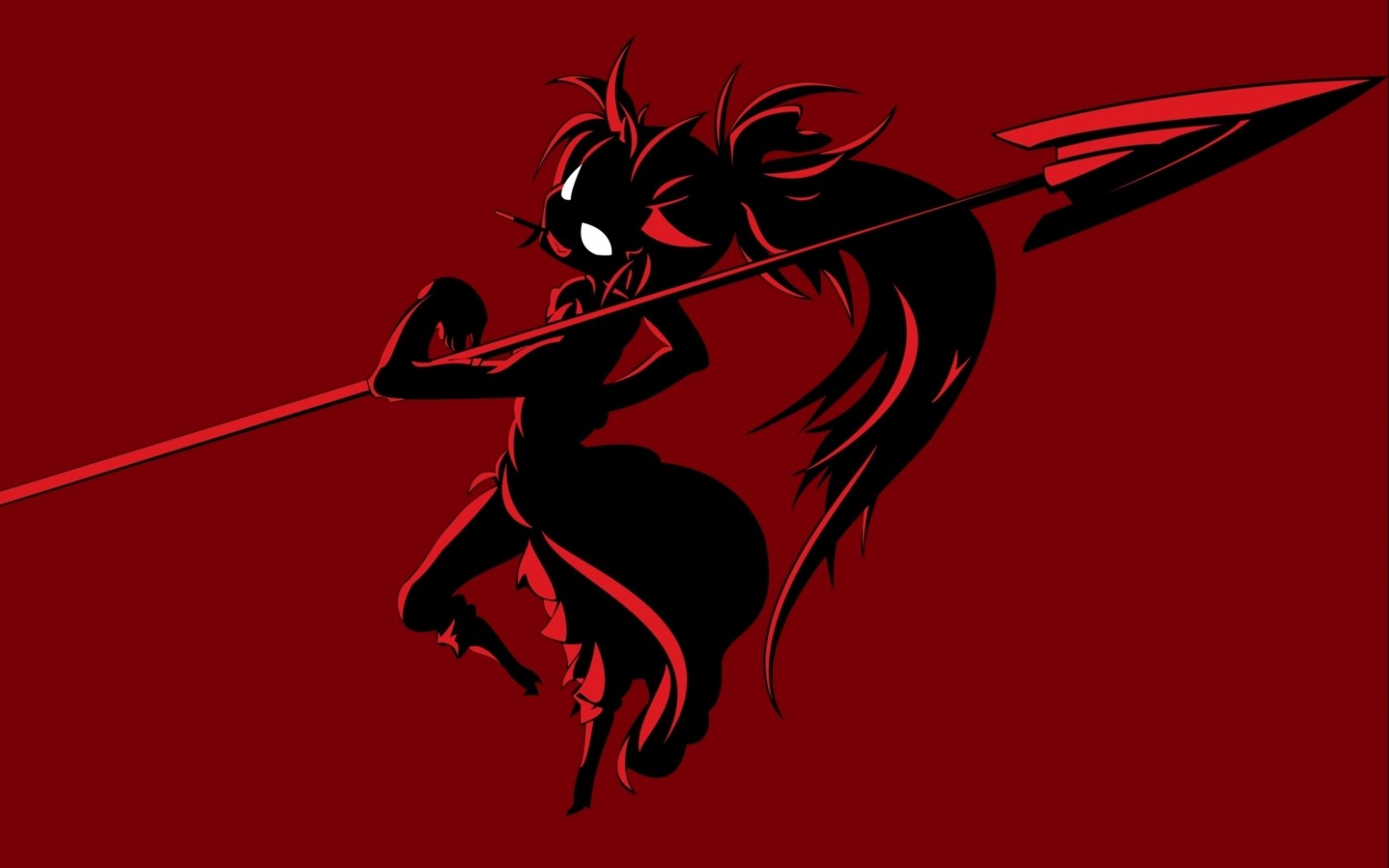 Silhouette of Kyōko Sakura from Puella Magi Madoka Magica wielding a spear against a red background.