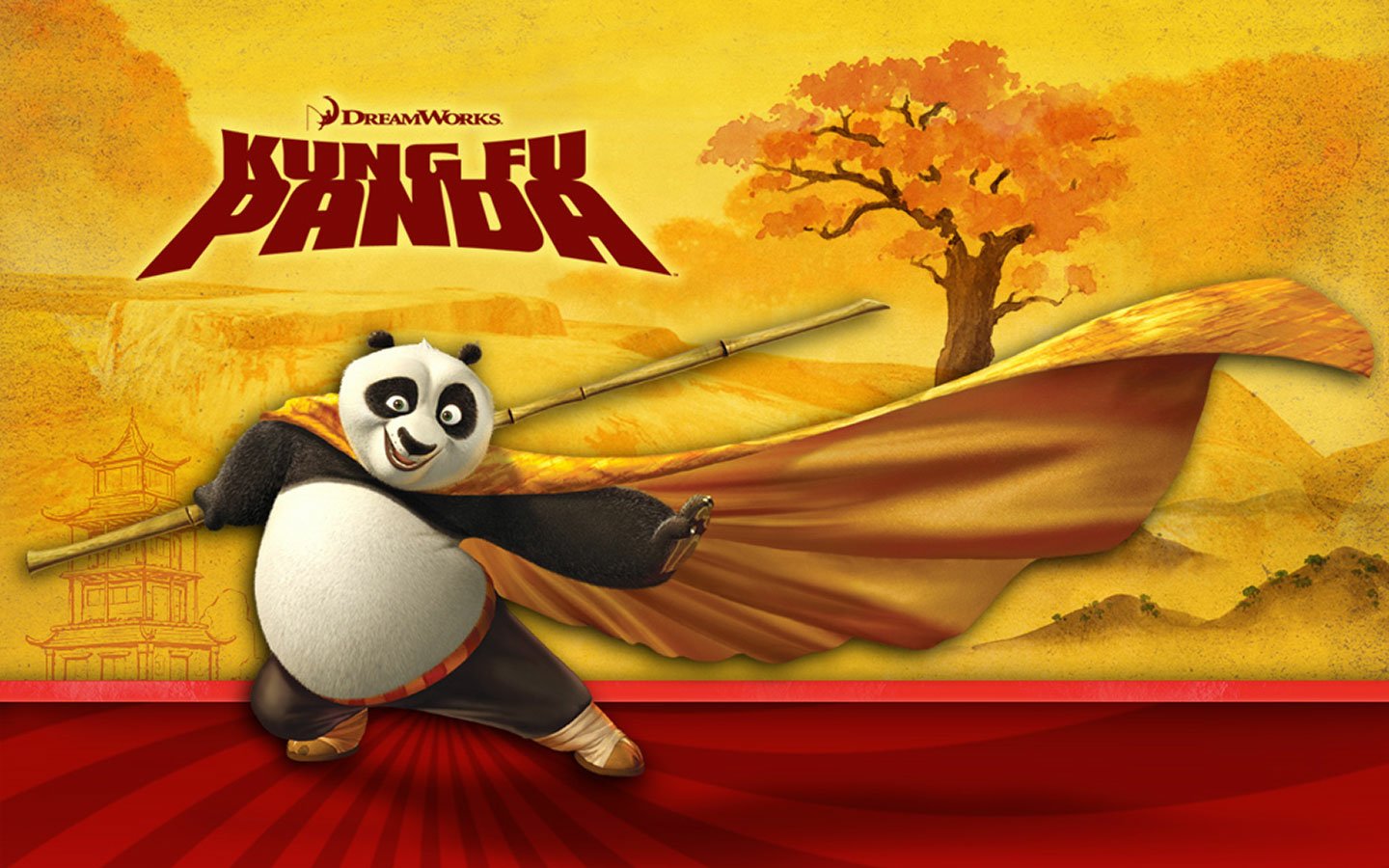 Po, the clumsy panda from the movie Kung Fu Panda, strikes a dynamic pose with a staff, set against a vibrant backdrop inspired by Asian landscapes.