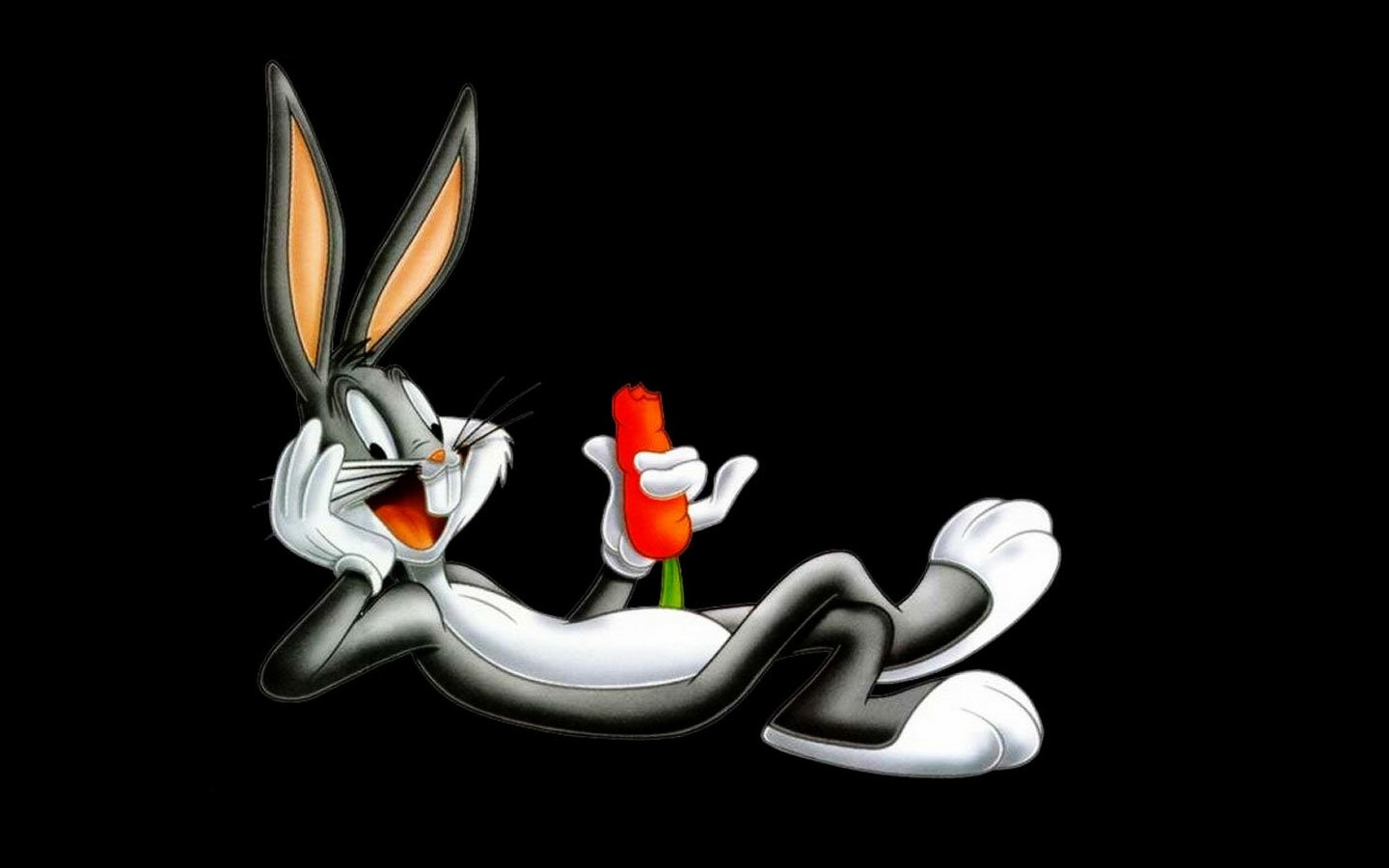 Bugs Bunny lounges playfully, holding a carrot, in this iconic image from the beloved TV show Looney Tunes. His signature style and charm shine against a black background.