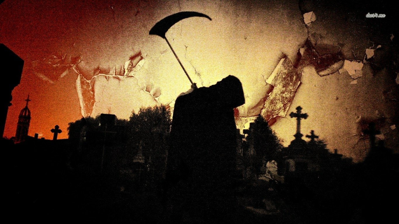 A dark, ominous figure of the grim reaper stands in a graveyard, silhouetted against a cracked, eerie background.
