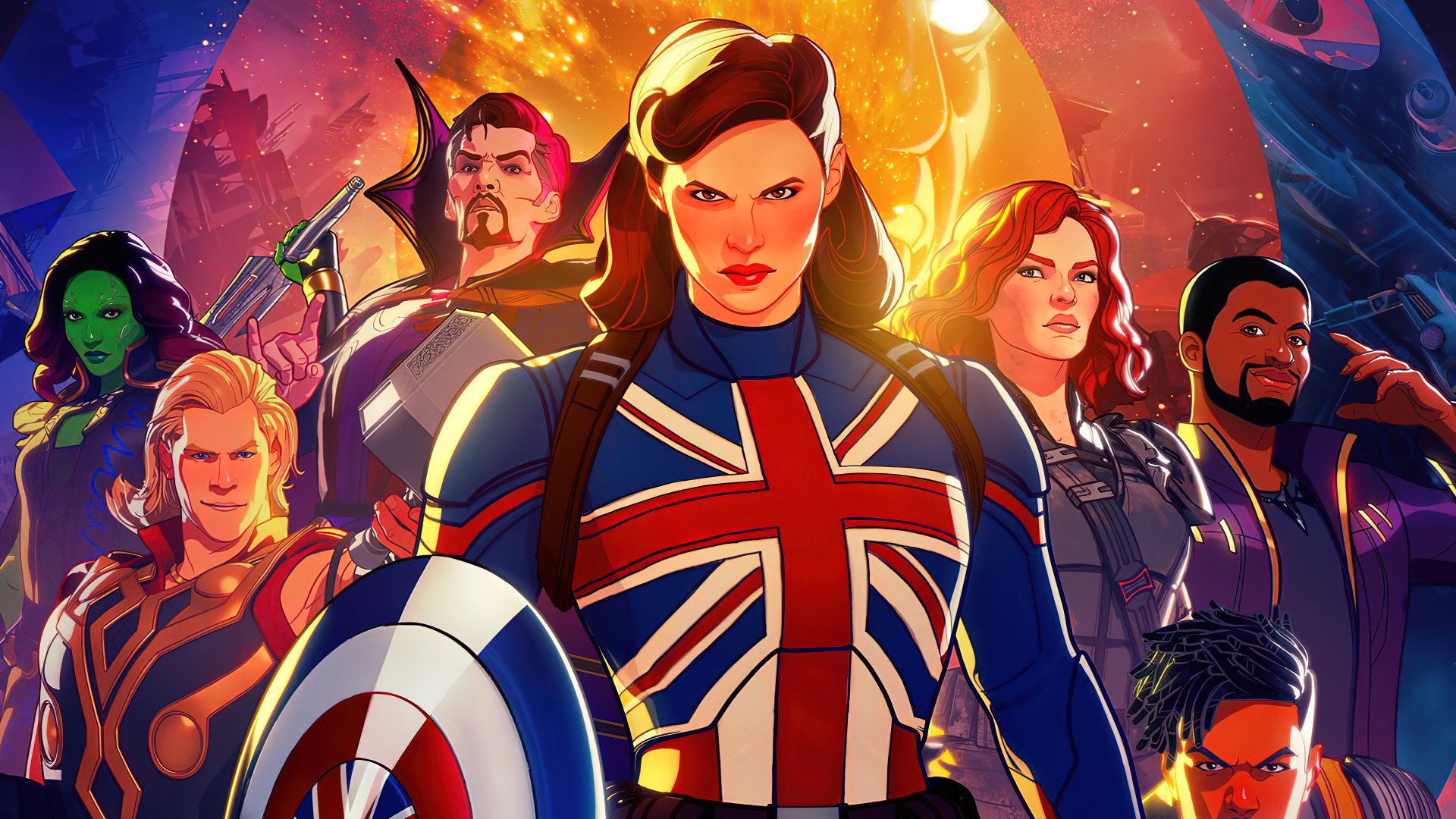 What If... TV show poster: Captain Carter in Union Jack armor and shield at center, surrounded by alternate-reality animated Marvel heroes.