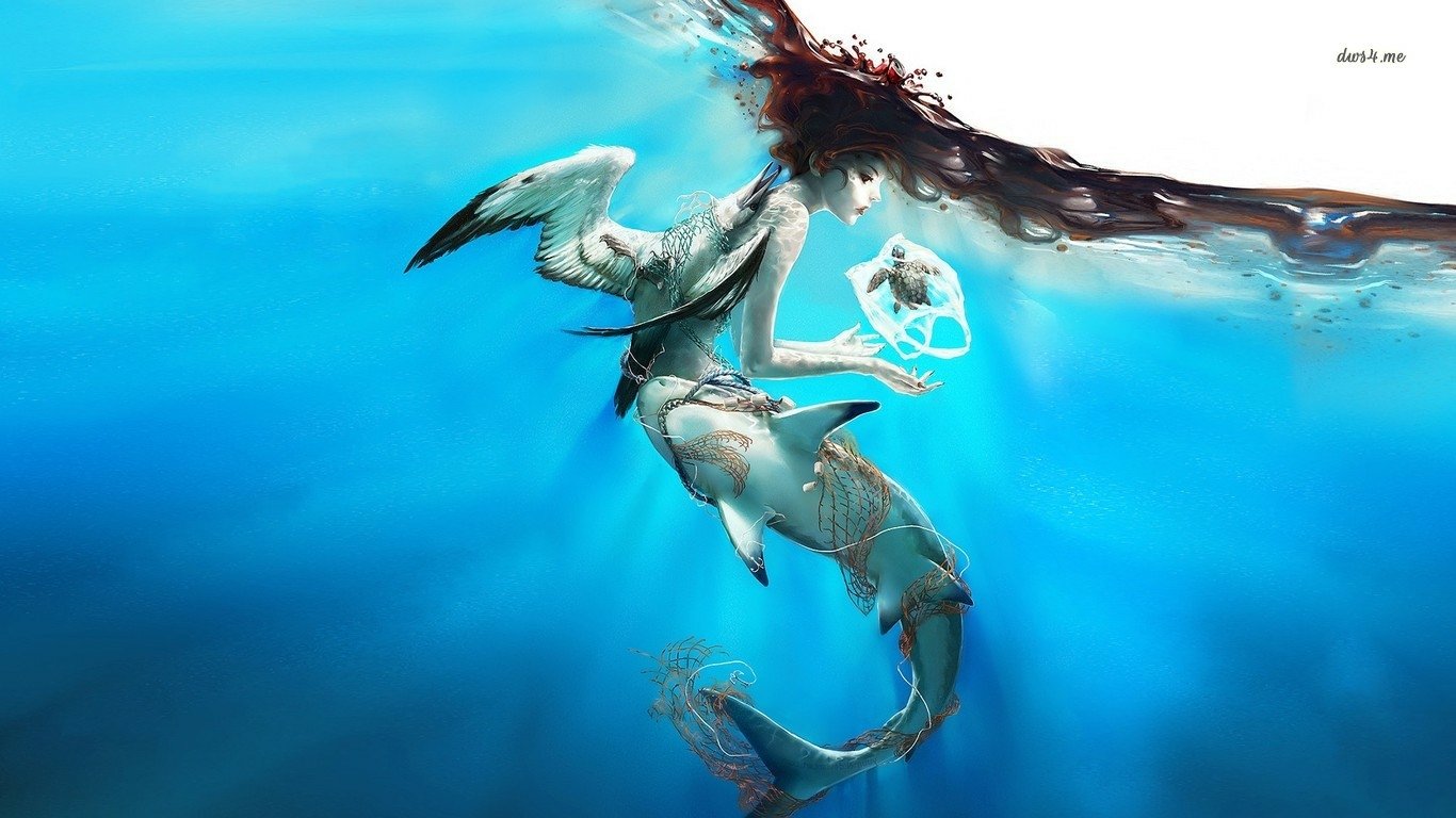 A fantasy underwater scene features a mermaid surrounded by a sea turtle, a seagull, and a shark, with vibrant blue water and light filtering from above.