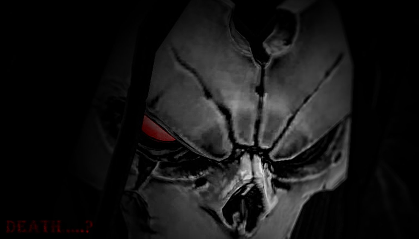 Close-up of Death’s skull mask with glowing red eyes from the video game Darksiders II, set against a dark background.