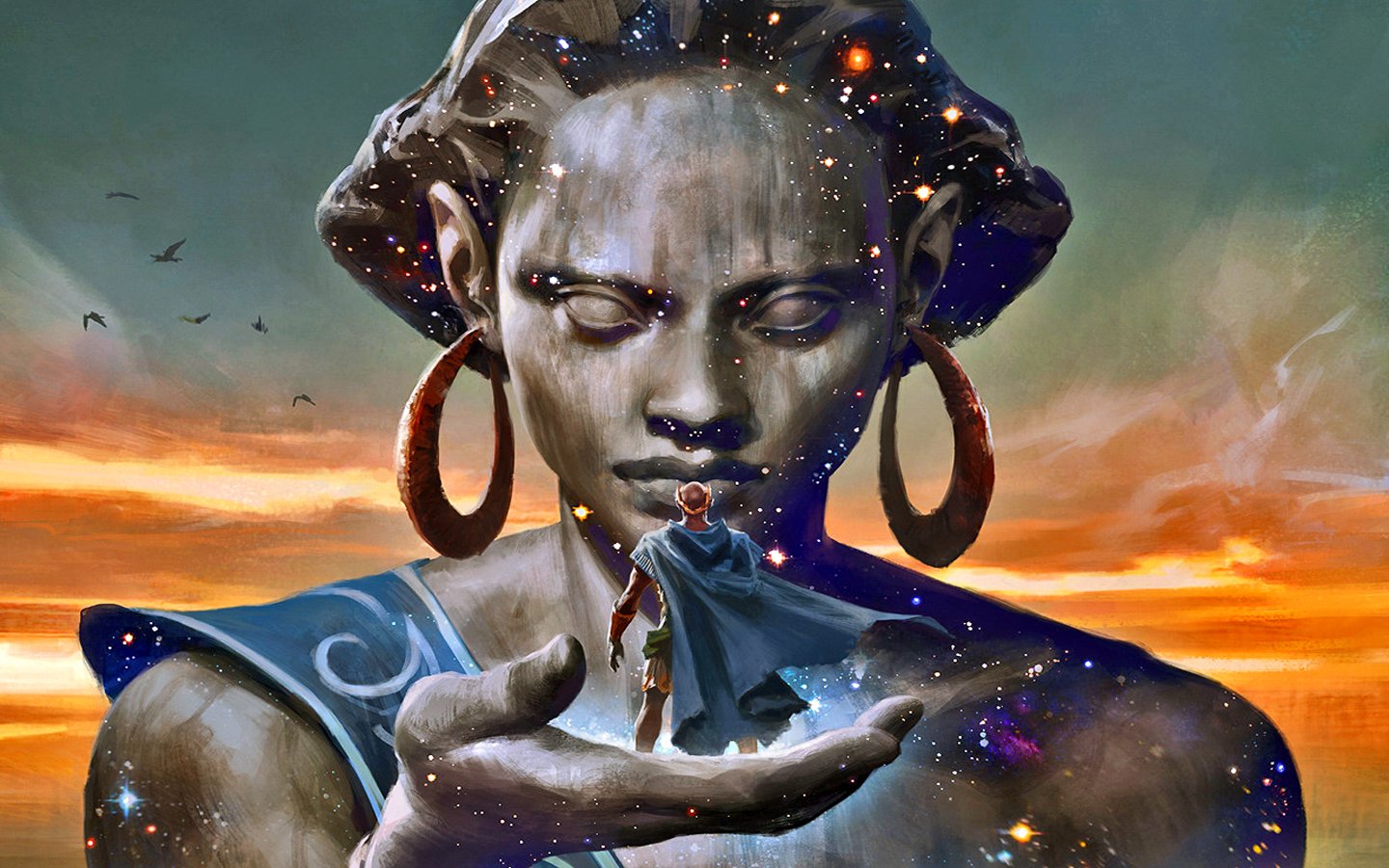 A spectacular digital artwork from Magic: The Gathering features a colossal statue of a woman holding a small figure, surrounded by a cosmic landscape and vibrant sunset.