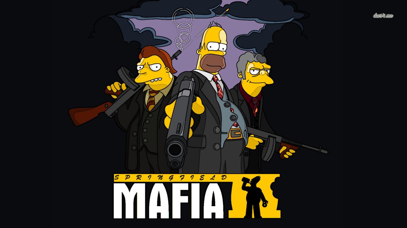 Barney Gumble, Moe Szyslak, and Homer Simpson from The Simpsons pose as a tough mafia trio, armed and ready, under a dramatic, shadowy backdrop.