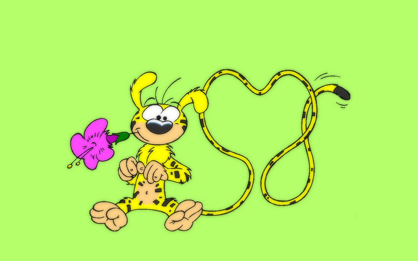 Comic-style illustration of Marsupilami holding a pink flower with its long, flexible tail shaped into a heart on a bright green background.