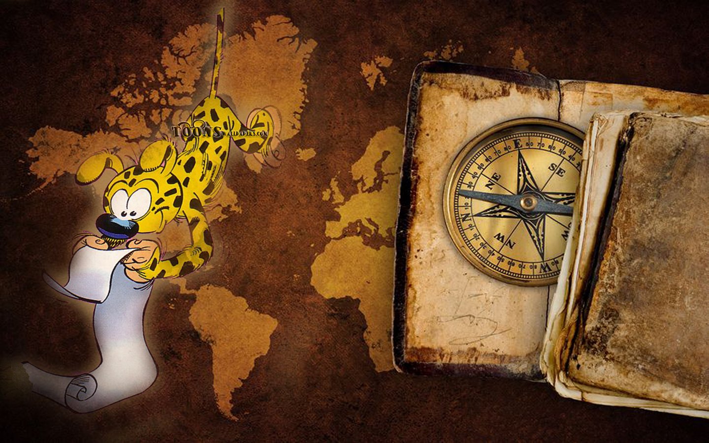 Comic-style Marsupilami swings over an old world map, holding a scroll, next to an antique compass and weathered book.
