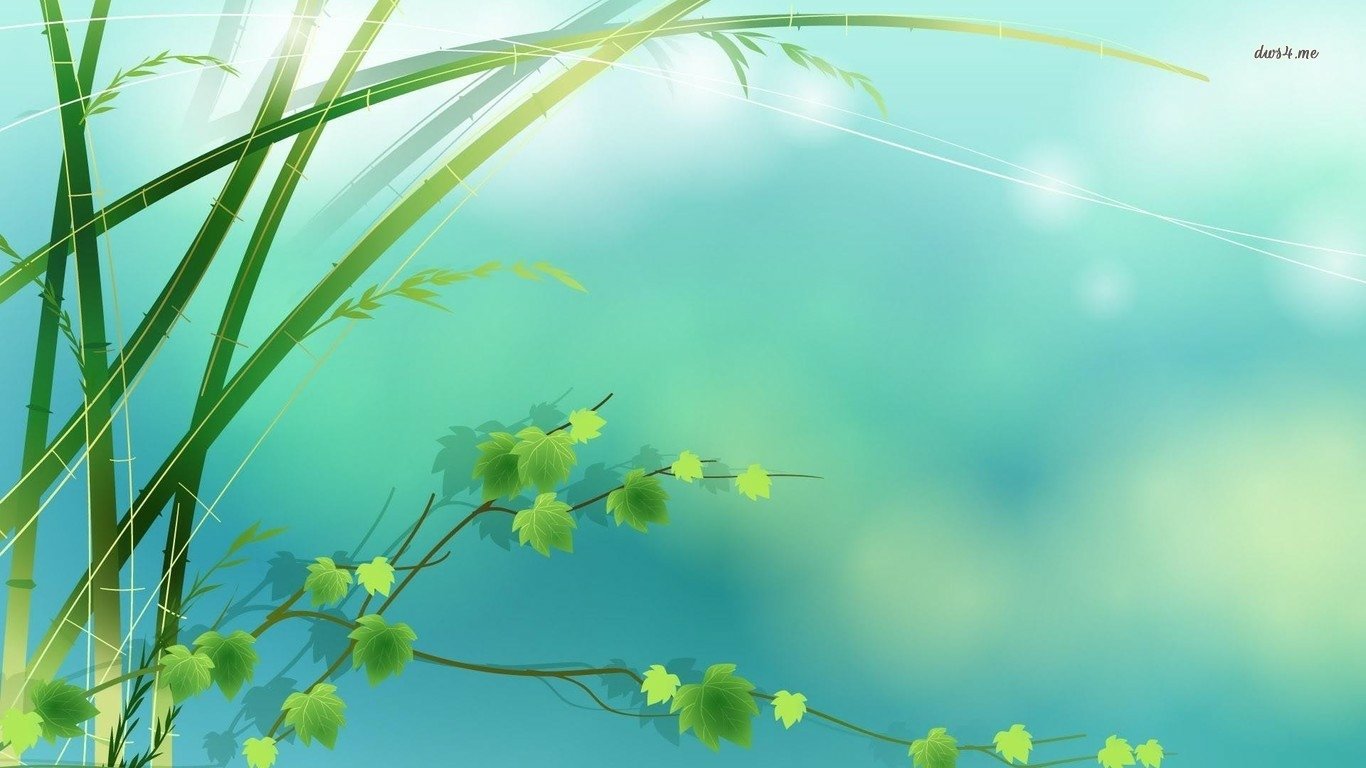 Serene nature scene of slender bamboo stalks and delicate green leaves against a soft turquoise bokeh background with gentle sunlit streaks.