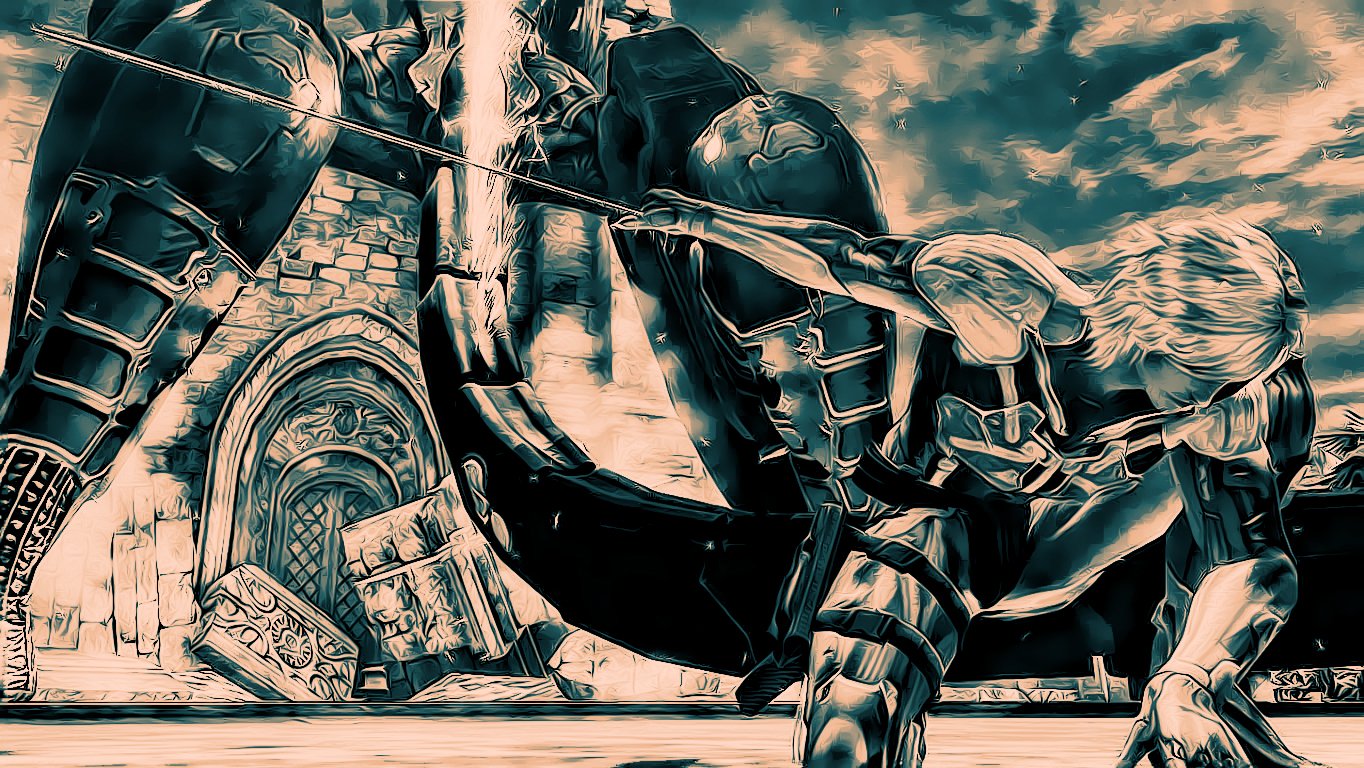 Dynamic action scene from the video game Metal Gear Rising: Revengeance, featuring a futuristic warrior poised for combat against a medieval-style stone backdrop.