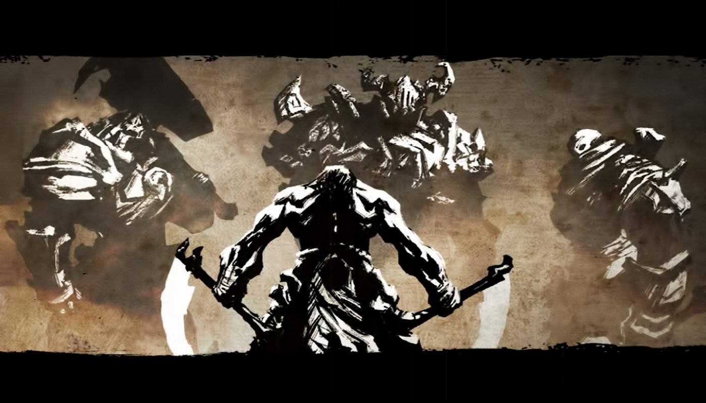 Darksiders II artwork: silhouetted warrior with twin scythes in foreground, four ghostly mounted figures looming against a sepia, ink-wash background.