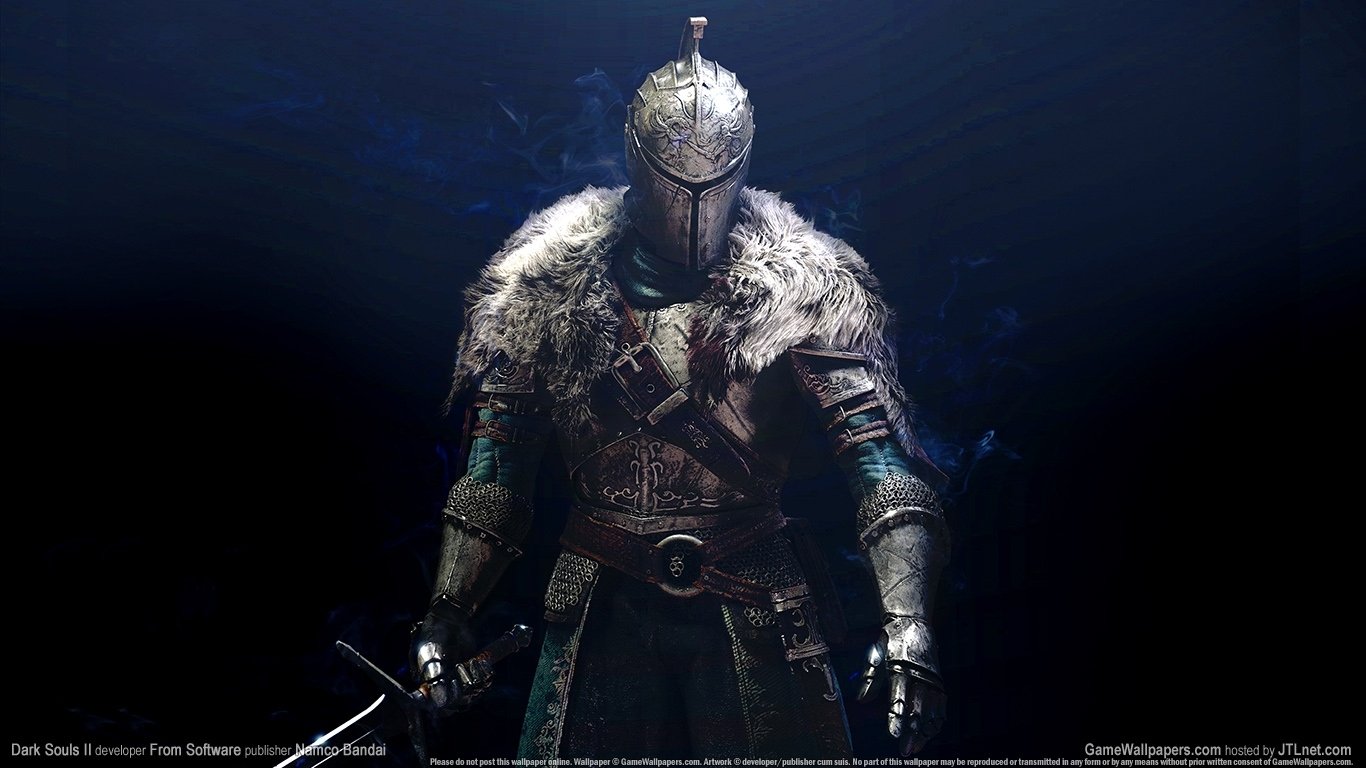 A knight in medieval armor stands ominously against a dark backdrop, showcasing the gritty aesthetic of the video game Dark Souls II. The character exudes an air of stoic readiness.