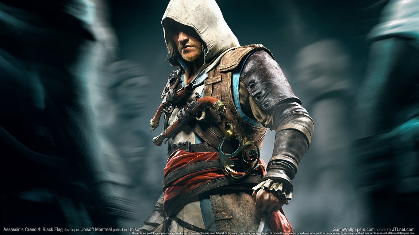 A character from the video game Assassin's Creed IV: Black Flag stands ready, wearing a hooded outfit and holding a weapon amid a dark, blurred background.