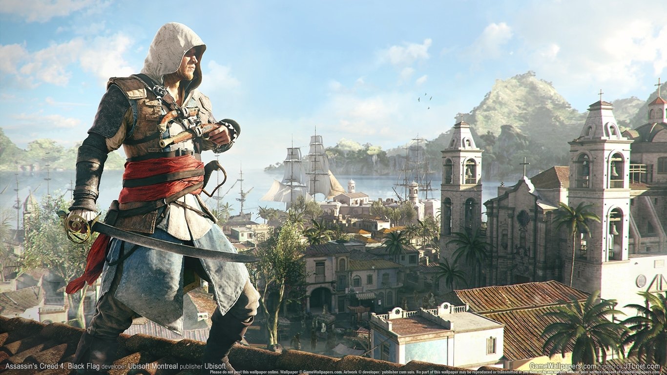A character from the video game Assassin's Creed IV: Black Flag stands confidently against a vibrant coastal city, highlighting the lush landscape and historic architecture.