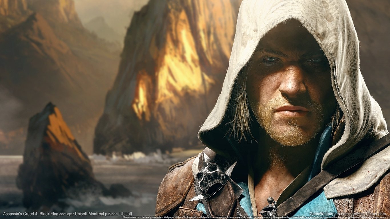 A close-up of a determined character from Assassin's Creed IV: Black Flag, set against a dramatic backdrop of rocky cliffs and fiery colors, embodying the game's adventurous spirit.