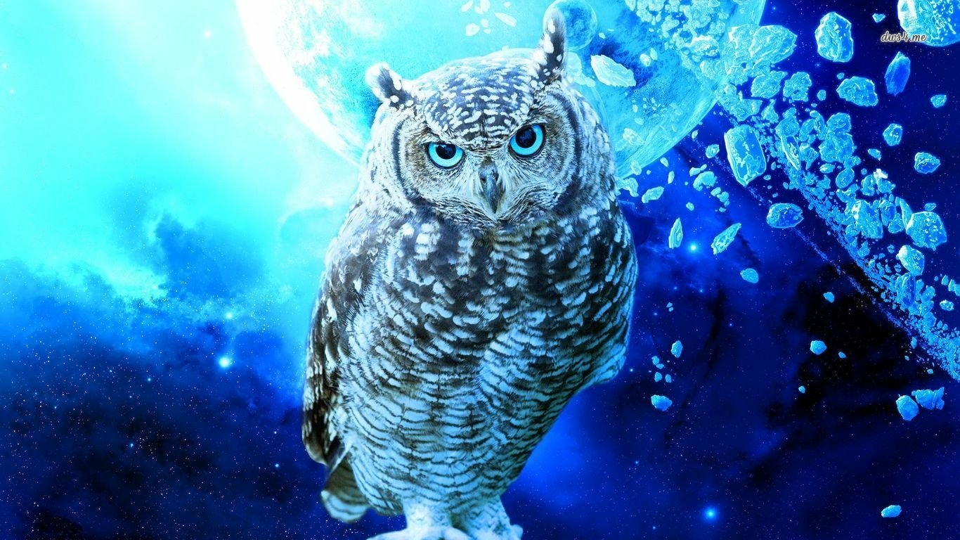 A striking owl stands in a surreal blue landscape, surrounded by shimmering ice shards and a glowing moon, showcasing the majestic beauty of this captivating bird.